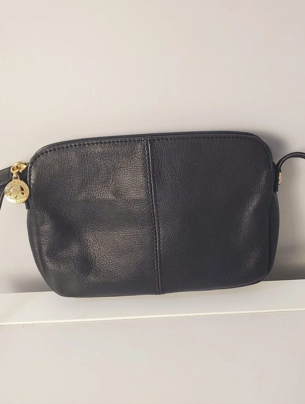 Vintage Pourchet Paris Black Leather Crossbody Bag Gold Crest Made In France